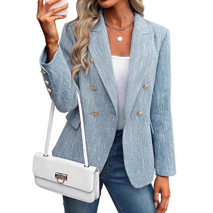 Elegant Tweed Blazer for Women with Double Breasted Gold Button Bouclé Fitted Tailored Style