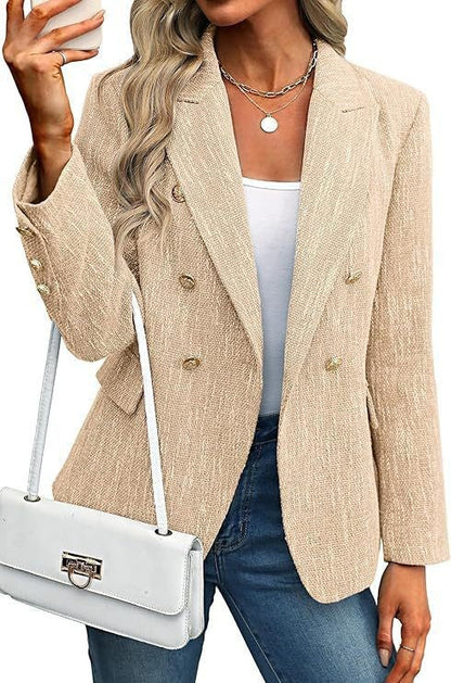 Elegant Tweed Blazer for Women with Double Breasted Gold Button Bouclé Fitted Tailored Style