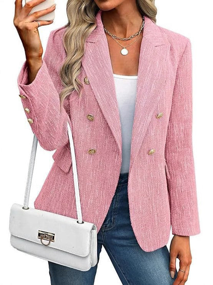Elegant Tweed Blazer for Women with Double Breasted Gold Button Bouclé Fitted Tailored Style