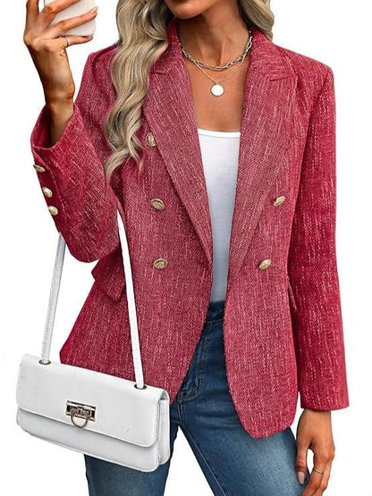 Elegant Tweed Blazer for Women with Double Breasted Gold Button Bouclé Fitted Tailored Style