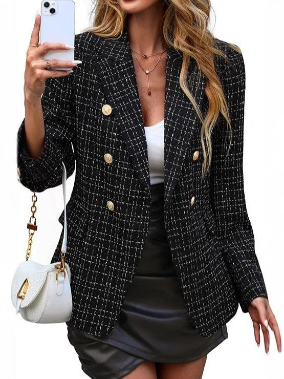 Elegant Tweed Blazer for Women with Double Breasted Gold Button Bouclé Fitted Tailored Style