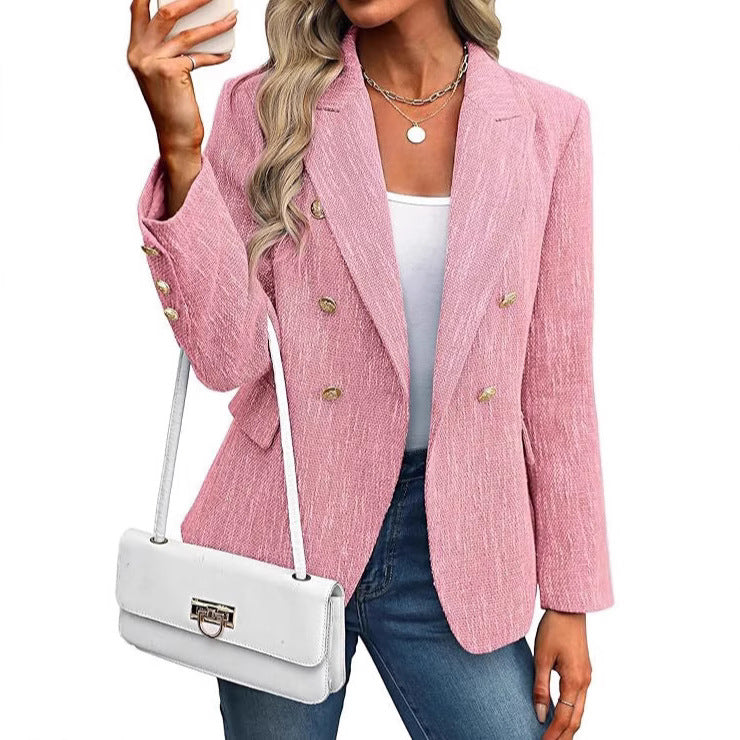 Elegant Tweed Blazer for Women with Double Breasted Gold Button Bouclé Fitted Tailored Style