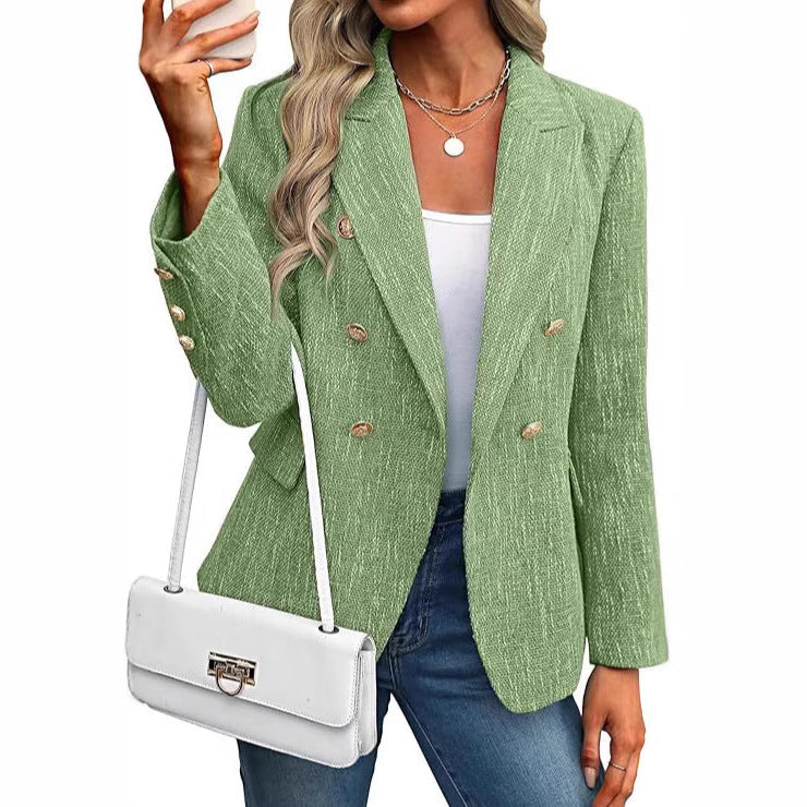 Elegant Tweed Blazer for Women with Double Breasted Gold Button Bouclé Fitted Tailored Style