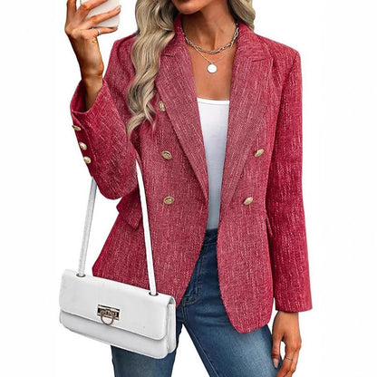 Elegant Tweed Blazer for Women with Double Breasted Gold Button Bouclé Fitted Tailored Style