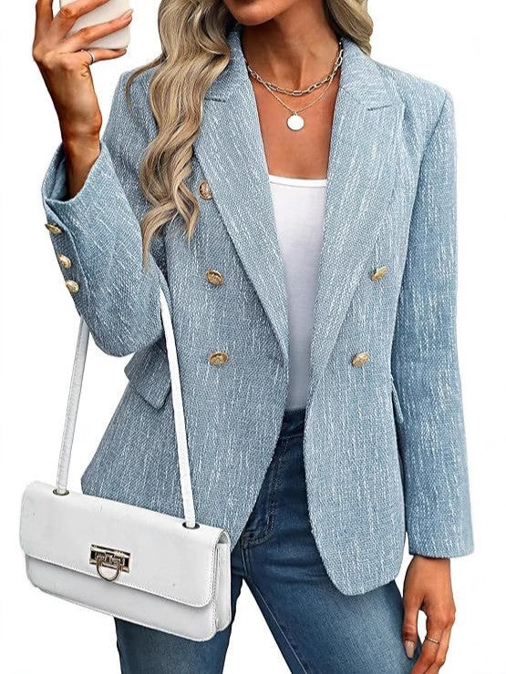 Elegant Tweed Blazer for Women with Double Breasted Gold Button Bouclé Fitted Tailored Style