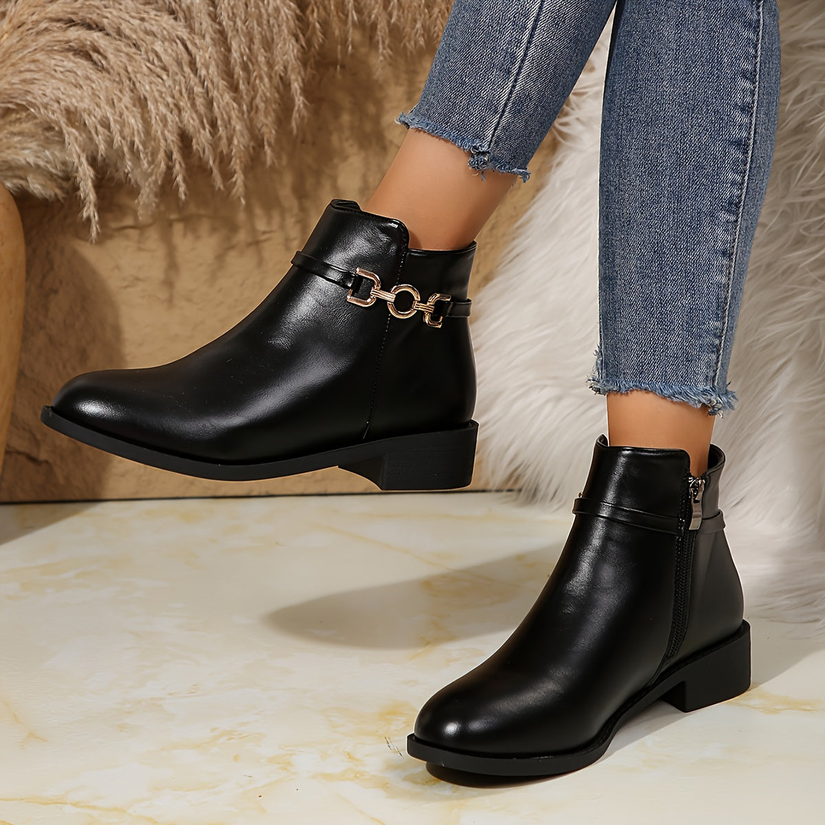 Sleek Black Chelsea Boots for Women with Gold Chain Buckle Round Toe Block Heel Style