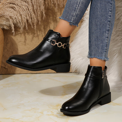 Sleek Black Chelsea Boots for Women with Gold Chain Buckle Round Toe Block Heel Style