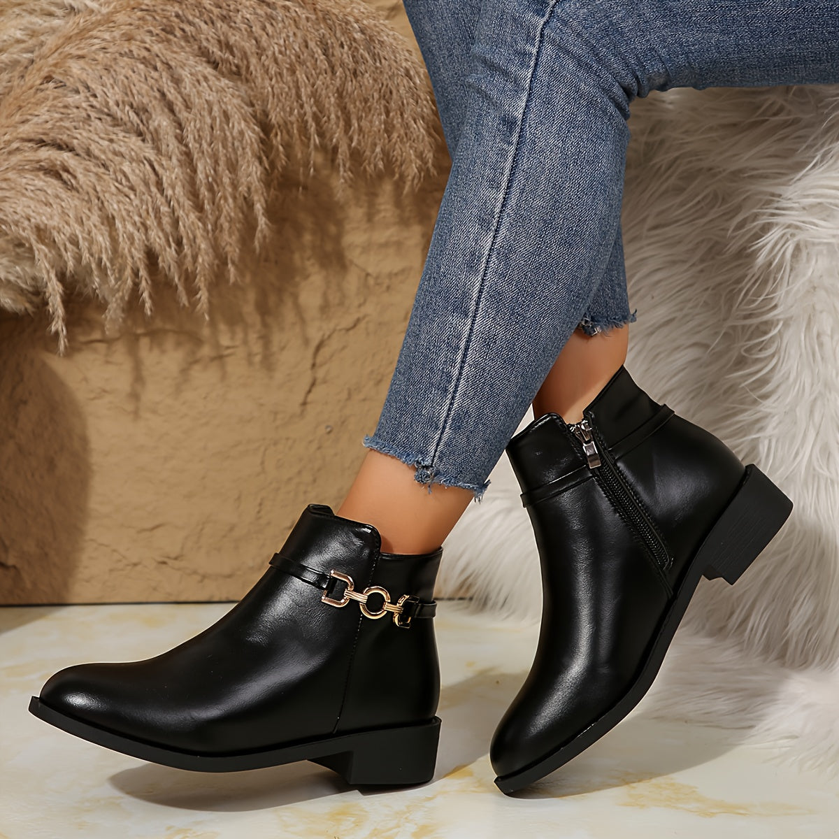 Sleek Black Chelsea Boots for Women with Gold Chain Buckle Round Toe Block Heel Style