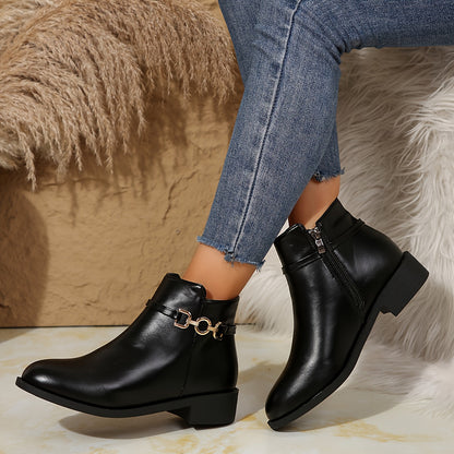Sleek Black Chelsea Boots for Women with Gold Chain Buckle Round Toe Block Heel Style
