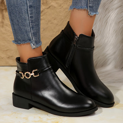 Sleek Black Chelsea Boots for Women with Gold Chain Buckle Round Toe Block Heel Style