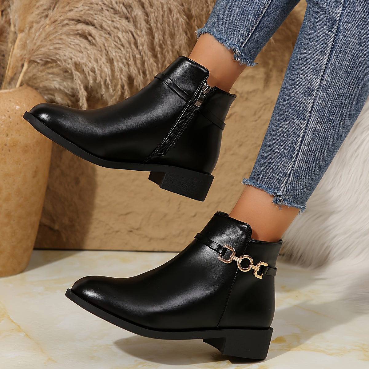 Sleek Black Chelsea Boots for Women with Gold Chain Buckle Round Toe Block Heel Style