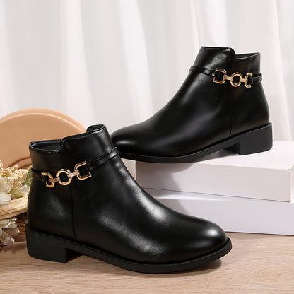 Sleek Black Chelsea Boots for Women with Gold Chain Buckle Round Toe Block Heel Style