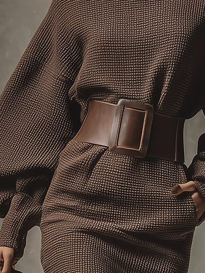 Elegant Brown Belted Sweater Dress for Women with Round Neck Balloon Sleeve Mini Knit Style