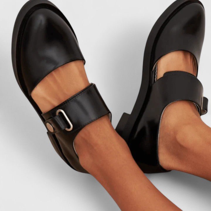 Comfortable Black Loafers for Women with Buckle Strap Round Toe Chunky Sole
