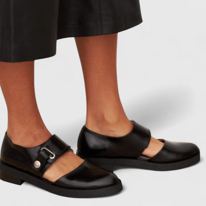 Comfortable Black Loafers for Women with Buckle Strap Round Toe Chunky Sole