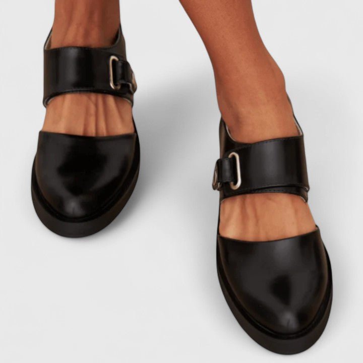 Comfortable Black Loafers for Women with Buckle Strap Round Toe Chunky Sole