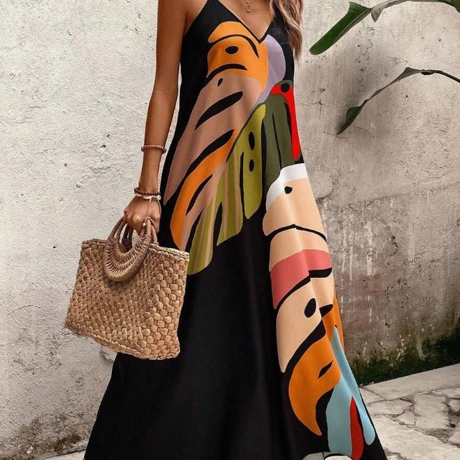 Effortless Tropical Print Maxi Dress for Women in Casual V-Neck Sundress Style