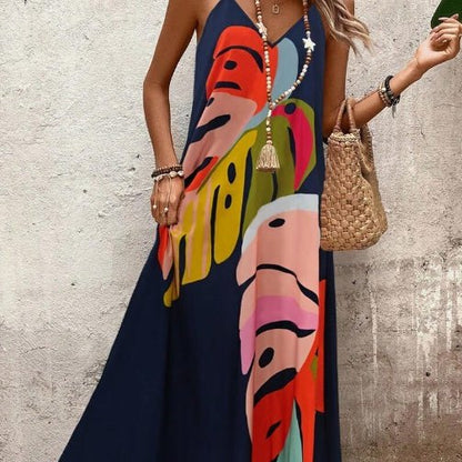 Effortless Tropical Print Maxi Dress for Women in Casual V-Neck Sundress Style