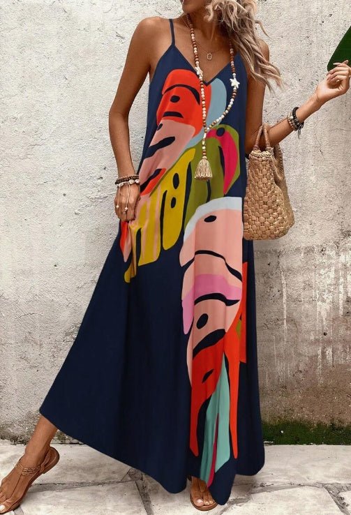 Effortless Tropical Print Maxi Dress for Women in Casual V-Neck Sundress Style