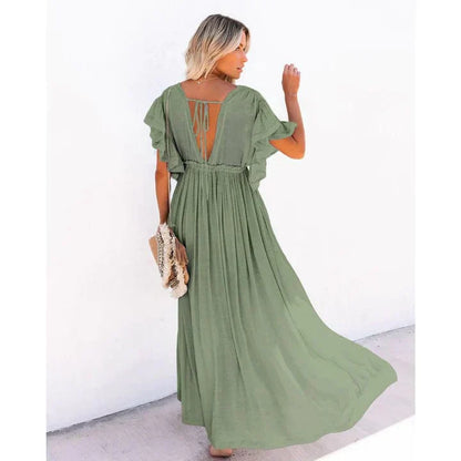 Effortless Green Dress for Women with V Neck Flutter Sleeve Button Front Maxi Bohemian Style