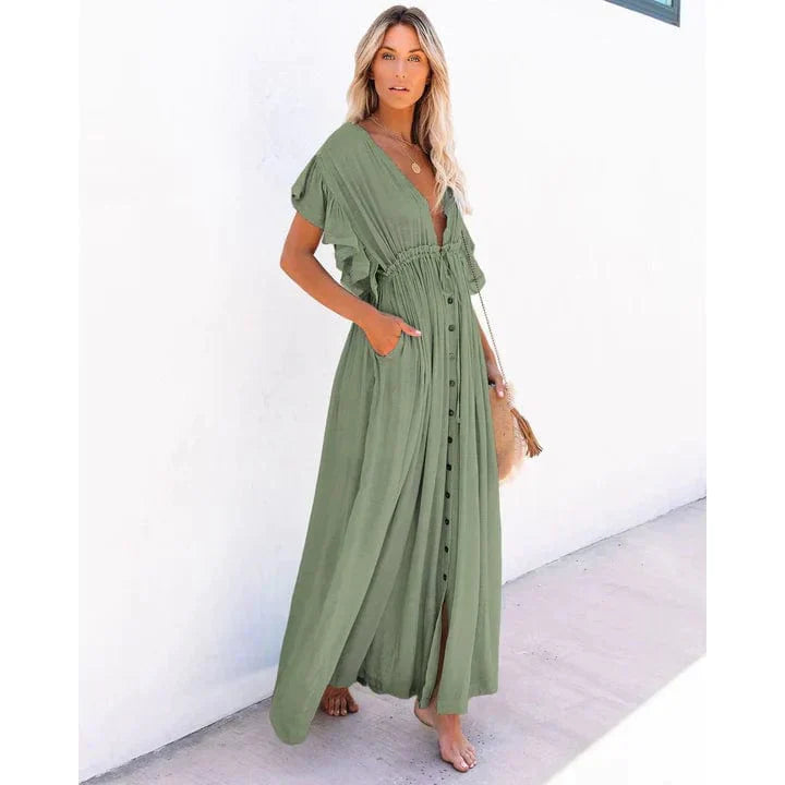 Effortless Green Dress for Women with V Neck Flutter Sleeve Button Front Maxi Bohemian Style