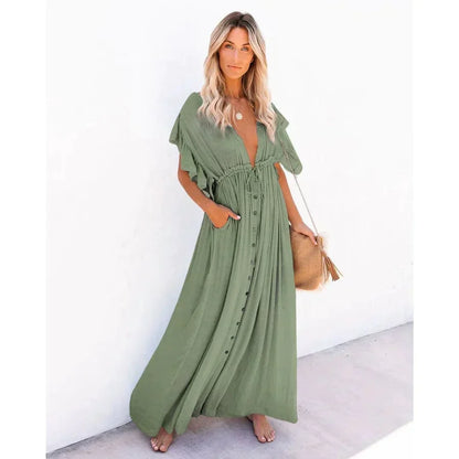 Effortless Green Dress for Women with V Neck Flutter Sleeve Button Front Maxi Bohemian Style