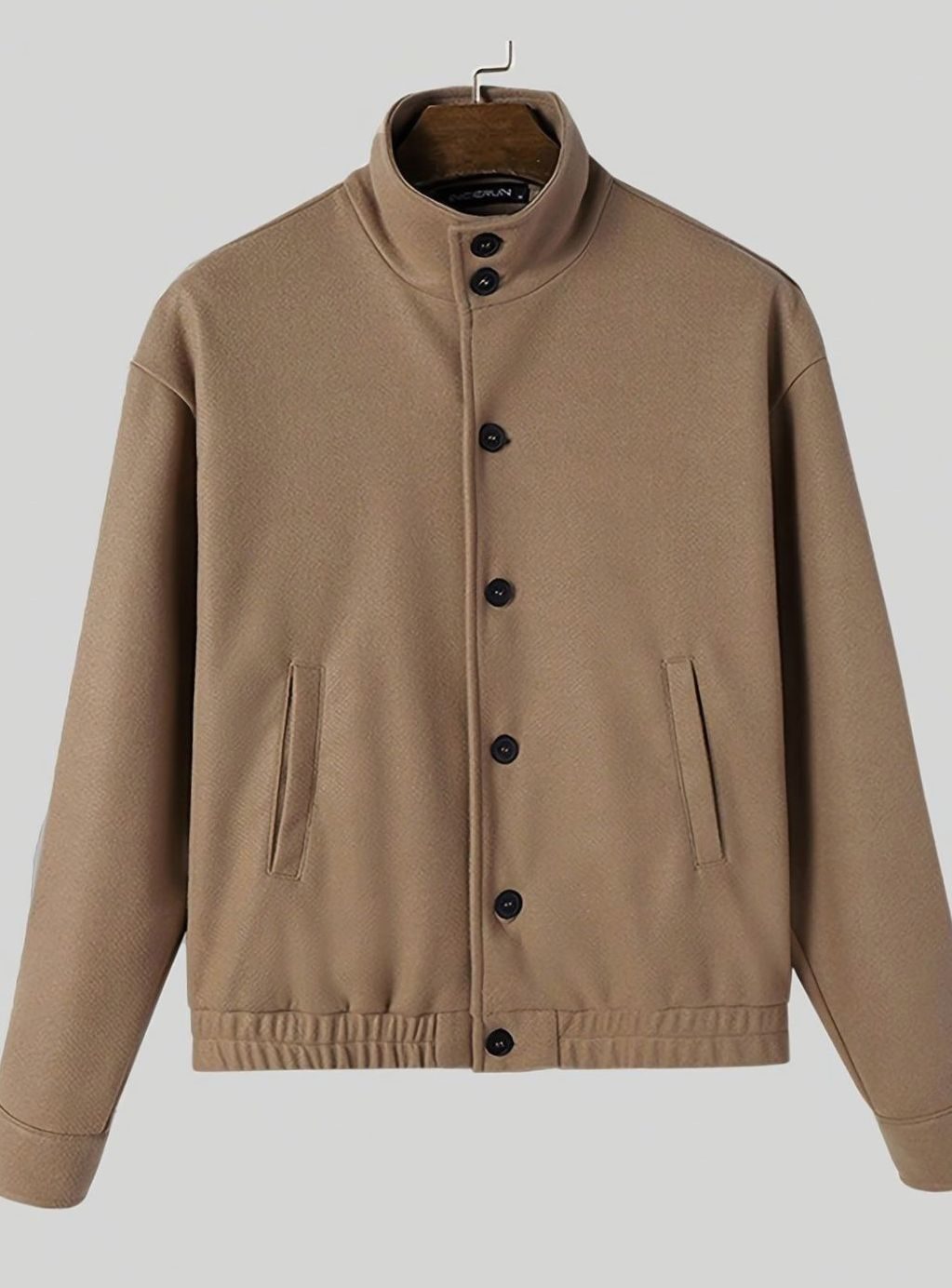 Cozy Camel Wool Blend Bomber Jacket for Men with Button Front Long Sleeve Ribbed Hem Relaxed Style