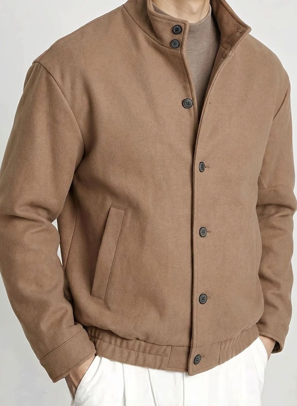 Cozy Camel Wool Blend Bomber Jacket for Men with Button Front Long Sleeve Ribbed Hem Relaxed Style
