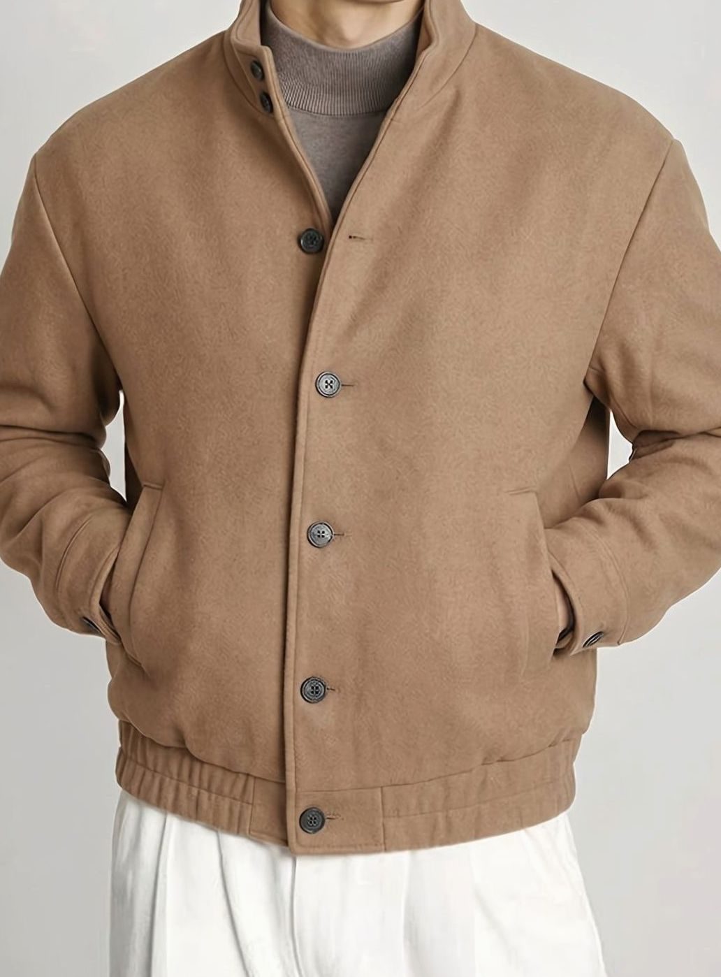 Cozy Camel Wool Blend Bomber Jacket for Men with Button Front Long Sleeve Ribbed Hem Relaxed Style