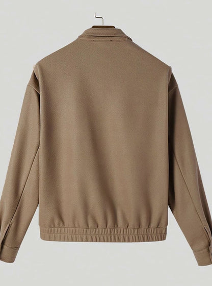 Cozy Camel Wool Blend Bomber Jacket for Men with Button Front Long Sleeve Ribbed Hem Relaxed Style