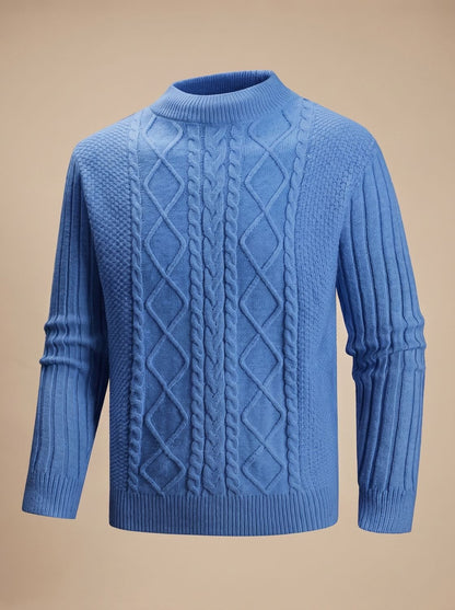 Cozy Cable Knit Sweater for Men with Mock Neck Long Sleeve Pullover Ribbed Regular Fit Style