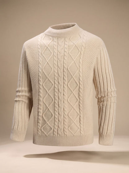Cozy Cable Knit Sweater for Men with Mock Neck Long Sleeve Pullover Ribbed Regular Fit Style