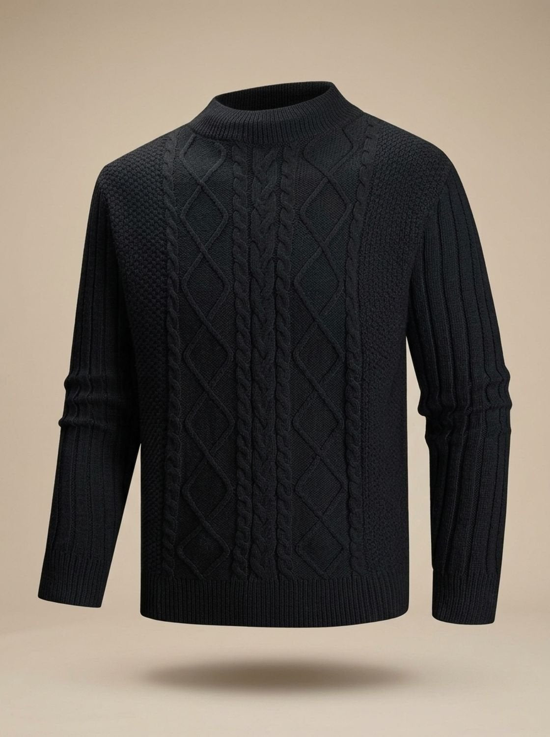 Cozy Cable Knit Sweater for Men with Mock Neck Long Sleeve Pullover Ribbed Regular Fit Style
