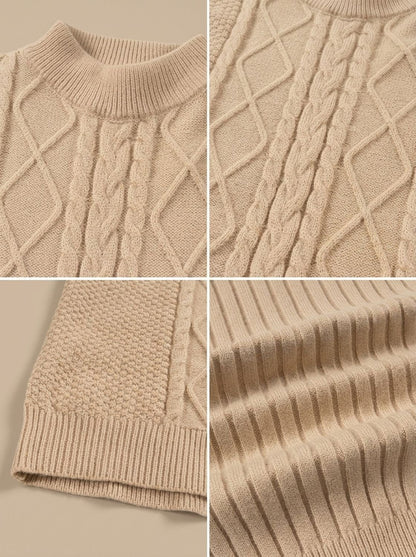 Cozy Cable Knit Sweater for Men with Mock Neck Long Sleeve Pullover Ribbed Regular Fit Style
