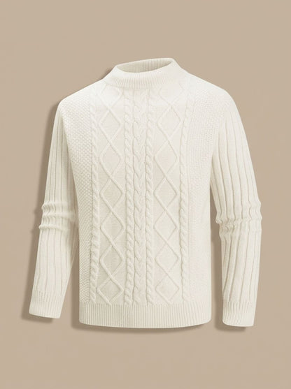 Cozy Cable Knit Sweater for Men with Mock Neck Long Sleeve Pullover Ribbed Regular Fit Style
