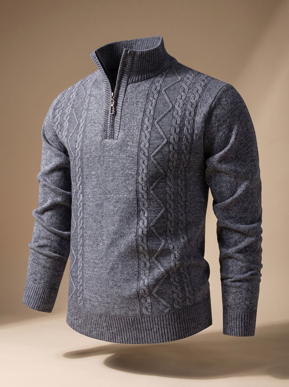 Cozy Cable Knit Quarter-Zip Sweater for Men with Stand Collar Long Sleeve Pullover Ribbed Winter Style