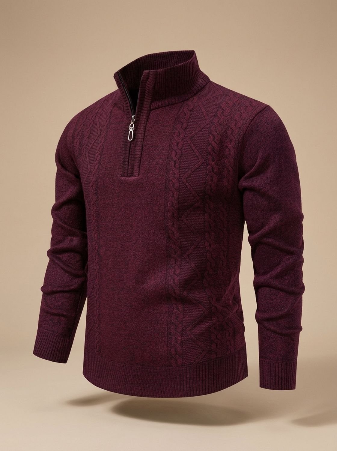 Cozy Cable Knit Quarter-Zip Sweater for Men with Stand Collar Long Sleeve Pullover Ribbed Winter Style