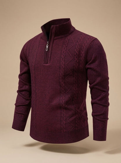 Cozy Cable Knit Quarter-Zip Sweater for Men with Stand Collar Long Sleeve Pullover Ribbed Winter Style