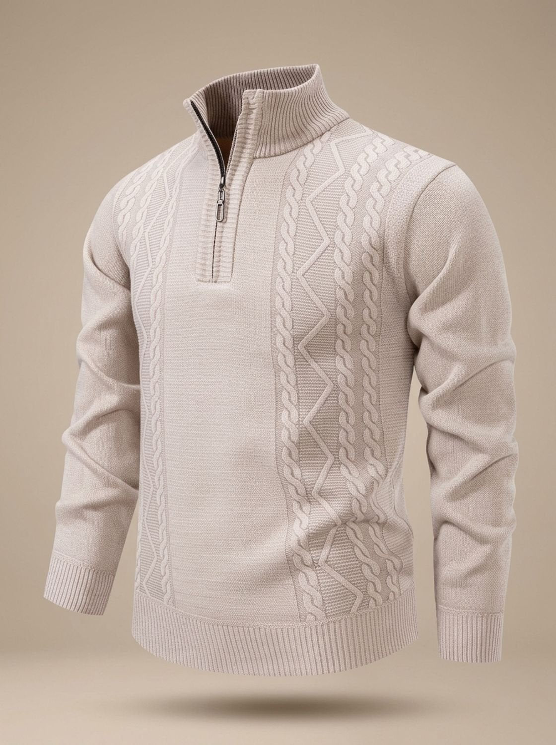 Cozy Cable Knit Quarter-Zip Sweater for Men with Stand Collar Long Sleeve Pullover Ribbed Winter Style