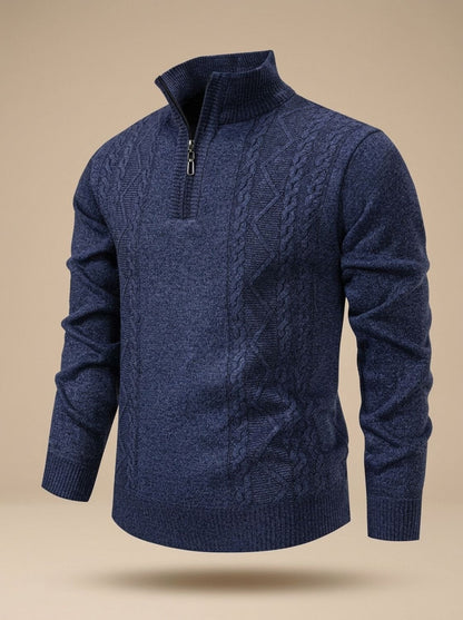 Cozy Cable Knit Quarter-Zip Sweater for Men with Stand Collar Long Sleeve Pullover Ribbed Winter Style