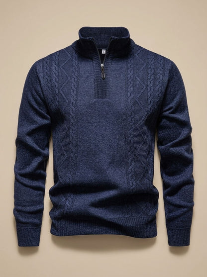 Cozy Cable Knit Quarter-Zip Sweater for Men with Stand Collar Long Sleeve Pullover Ribbed Winter Style