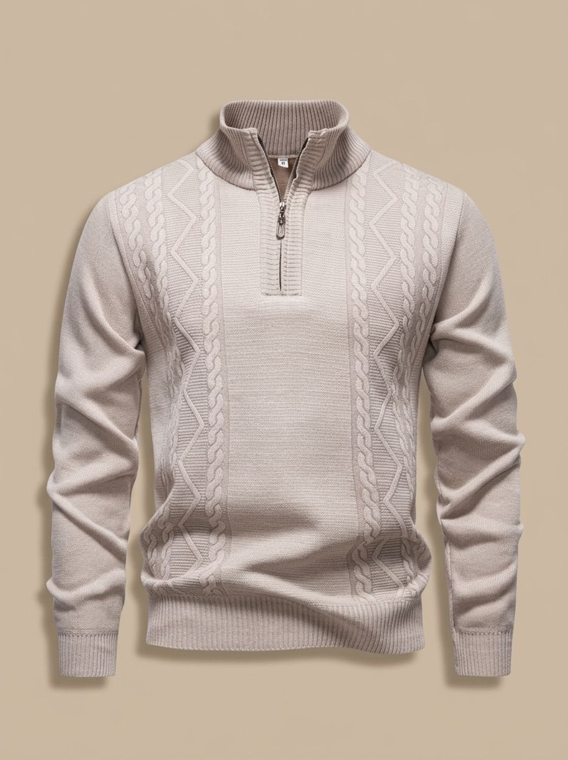 Cozy Cable Knit Quarter-Zip Sweater for Men with Stand Collar Long Sleeve Pullover Ribbed Winter Style