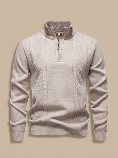Cozy Cable Knit Quarter-Zip Sweater for Men with Stand Collar Long Sleeve Pullover Ribbed Winter Style