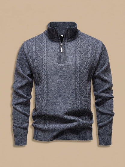 Cozy Cable Knit Quarter-Zip Sweater for Men with Stand Collar Long Sleeve Pullover Ribbed Winter Style