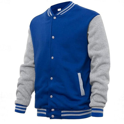 Cozy Varsity Letterman Jacket for Men with Stand Collar Long Sleeve Snap Front Striped Ribbed Style
