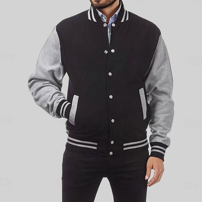 Cozy Varsity Letterman Jacket for Men with Stand Collar Long Sleeve Snap Front Striped Ribbed Style