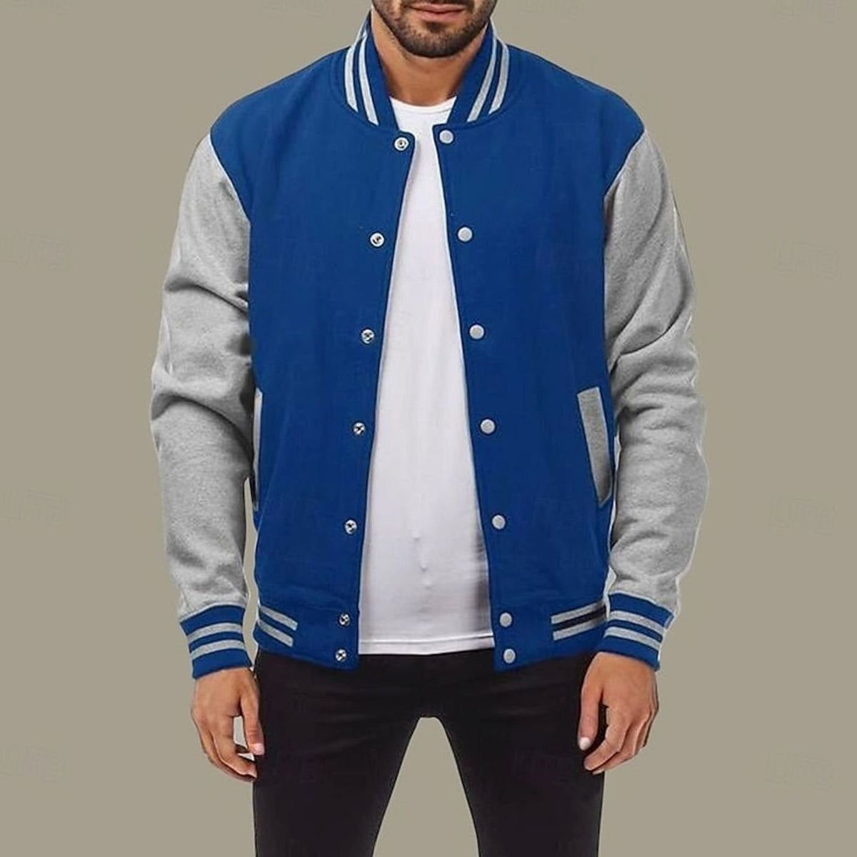 Cozy Varsity Letterman Jacket for Men with Stand Collar Long Sleeve Snap Front Striped Ribbed Style