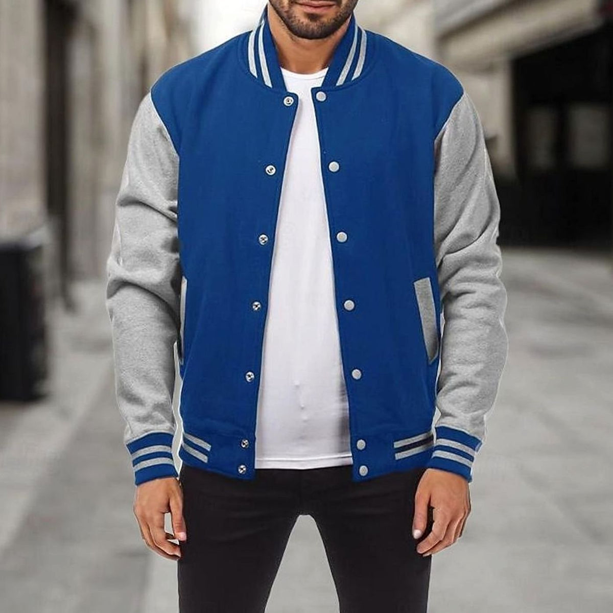 Cozy Varsity Letterman Jacket for Men with Stand Collar Long Sleeve Snap Front Striped Ribbed Style
