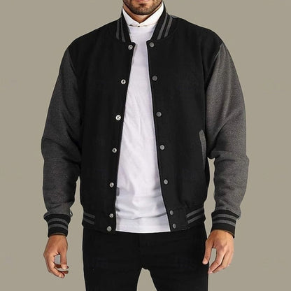 Cozy Varsity Letterman Jacket for Men with Stand Collar Long Sleeve Snap Front Striped Ribbed Style