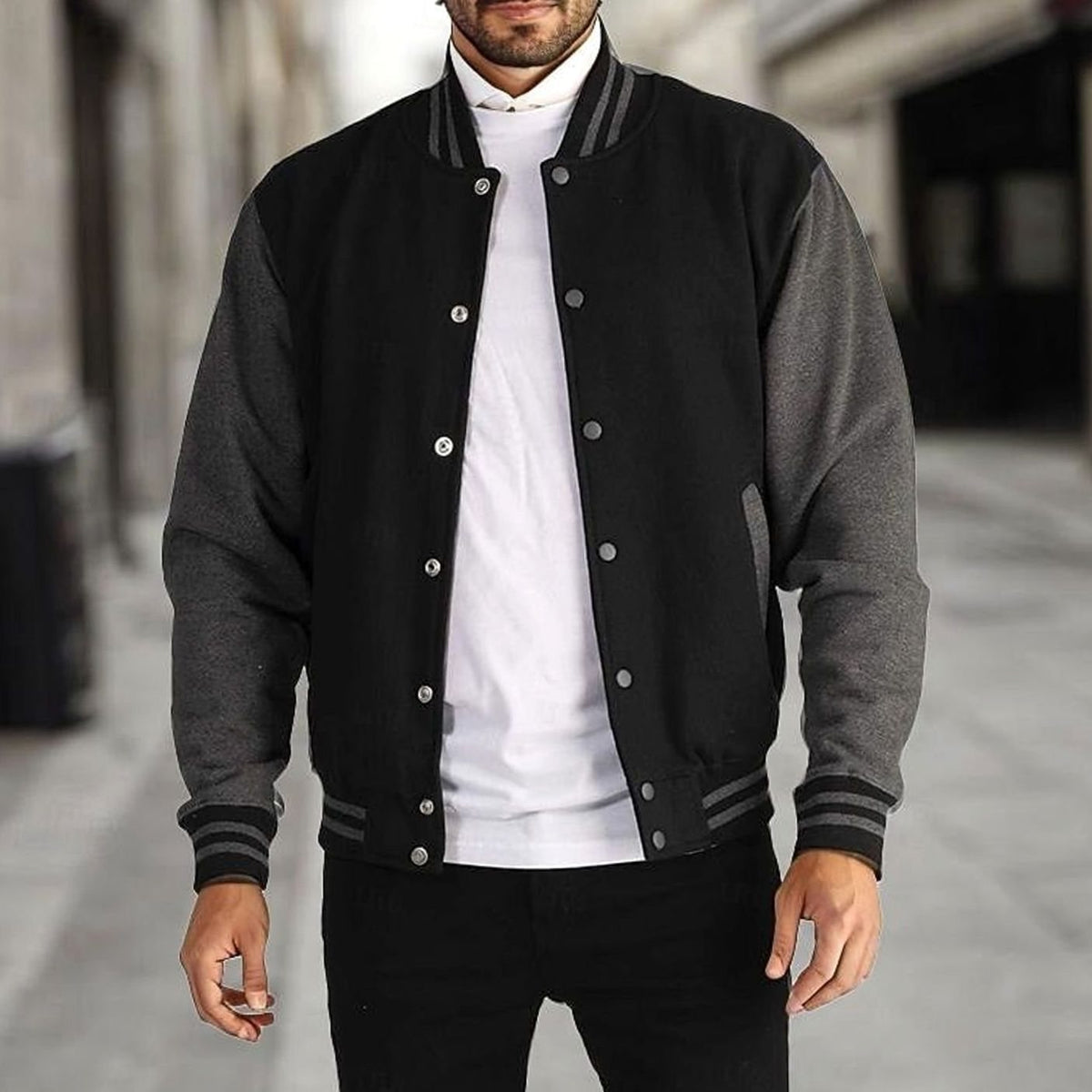 Cozy Varsity Letterman Jacket for Men with Stand Collar Long Sleeve Snap Front Striped Ribbed Style